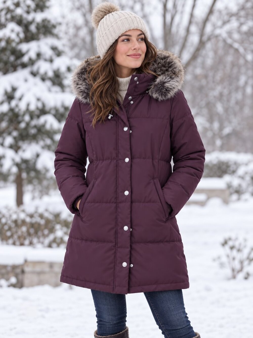 Women's Alia Quilted Hooded Winter Coat in Deep Plum Size M